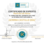 Certificado de experto con mención de honor del curso de psicomarketing & business growth.